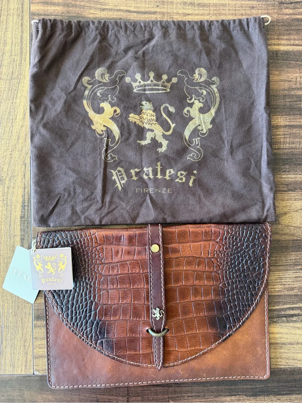 PRATESI Made In Italy Envelope Leather Pouch Purse W/Dust Jacket New With Tags